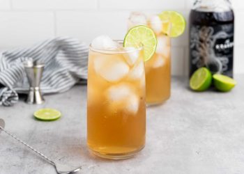 Dark and Stormy cocktail with dark rum, ginger beer, ice, and lime garnish in a tall glass.